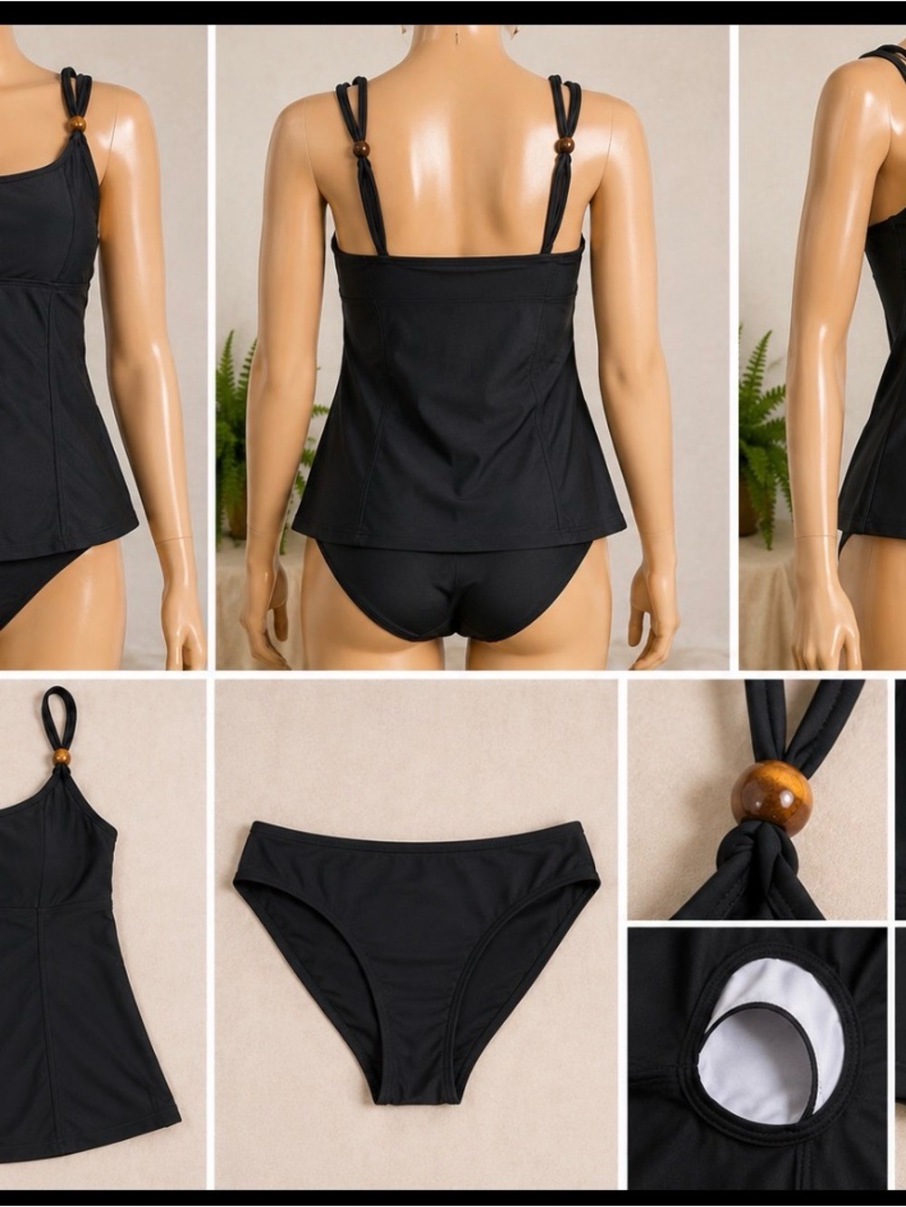 Cupshe Black Two-Piece Tankini with Wooden Bead Strap Detail